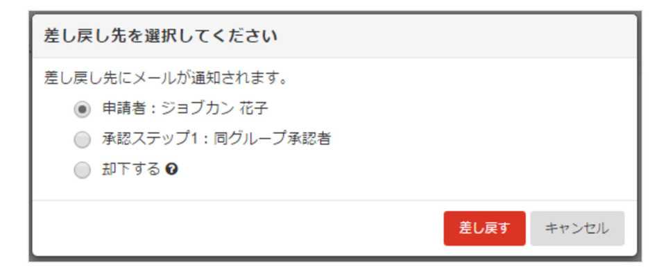ジョブカンワークフローで差し戻し先を選択する画面